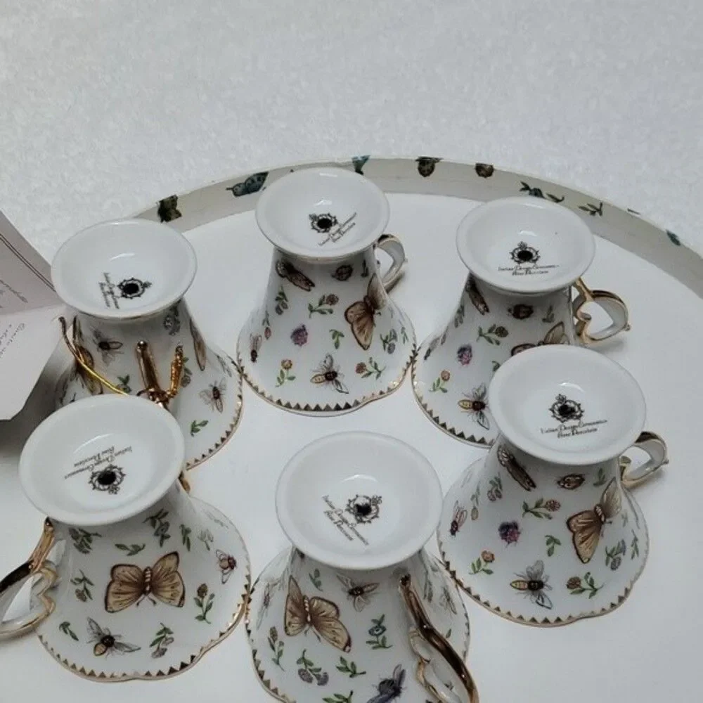 Porcelain Demitasse Teacups Saucers Butterflies (6) ITALIAN DESIGN CERAMICS vtg